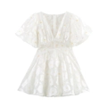 White mini dress with puff sleeves, V-neck, and floral embroidery on tulle fabric - XS / White
