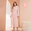 Women's long light pink plush fleece bathrobe with waist tie and soft lapel collar - Light Pink (Women)