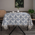 Blue floral pattern cotton linen tablecloth with elegant tassels in a cozy dining room - 60*60cm / Blue Plum Blossom with Beige Tassels