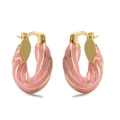 Chic pink enamel spiral twist hoop earrings with a shiny gold finish for women - Pink