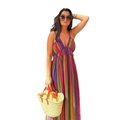 Regenboog gestreepte maxi-jurk met V-hals in paars en rood voor een zomerse vakantiestijl - S / Regenboog