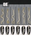 Golden nail art chains set with crystals shown on grey tray and black nails, style 08# - 08# Gold Rhinestone Chain