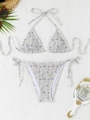 Smocked light purple floral triangle bikini set with halter top and side-tie bottom - S / Pale Purple Floral