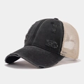 Detailed close-up of distressed denim baseball cap with vintage frayed edges and mesh back - Adjustable / Black