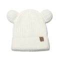 Berretto in maglia color crema per bambini con orecchie da orso e toppa in pelle di acero - 50-54cm / Bianco