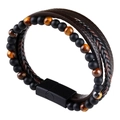 Meerlaagse herenarmband van leer met tijgeroog kralen en een magnetische sluiting - Tijgeroog Magneetsluiting Stijl / Bruin