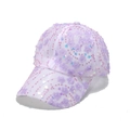 Detail of lavender baseball cap featuring 3D floral appliques and shiny sequins on mesh - M(56-58cm) / Purple