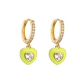 Macro detail of gold hoop earrings featuring neon yellow enamel hearts and white zircon stones - Neon Yellow Heart