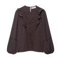 Camicetta da donna marrone scuro con ricami floreali, volant e maniche elasticizzate - XS / caffè
