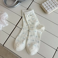 White crew socks with light blue heart prints and delicate ribbon bow charms - One Size / Small Heart