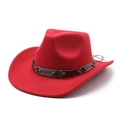 Detail of red wool felt cowboy hat featuring bronze rivets and brown leather hatband - M(56-58cm) / Red