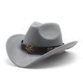 Close-up of light gray felt cowboy hat with leather band and bronze floral buckle - M (56-58cm) / Gray