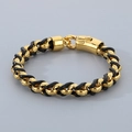 Herrenarmband aus goldener Kette und schwarzem Leder mit griechischem Muster - Gold Meander Stil (KB68868-BD)
