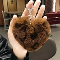 Brown faux fur heart keychain with vintage monogram pattern and silver metal hardware - Deep Brown Leopard Heart