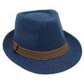 Dettaglio di un cappello fedora intrecciato blu navy con nastro grosgrain a righe - Blu navy