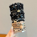Elastic ponytail hair tie set in black and beige with diverse styles and charms - 15 Piece Set / Black Khaki