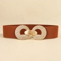 Women's brown elastic belt featuring a textured gold geometric interlocking double ring buckle - Camel (19766)