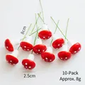 Set of 10 red and white spotted mushroom ornaments with wire stems for DIY floral decor - 2.5cm Mushrooms (10 Pcs)