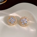 Exquisite gold clover stud earrings with white heart-cut cubic zirconia and pavé border - E6358 Silver Pin-Gold
