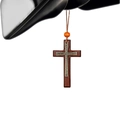 Detail of a vintage wood and metal cross pendant hanging from a car rearview mirror - Bronze Double Layer Cross Car Hanging