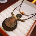 Bohemian leather cord necklace with vintage coin and wooden disc pendants - Brown Style 1
