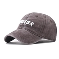 Detail view of washed grey cotton baseball cap with white 3D Forever embroidery - Adjustable / Coffee