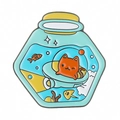 Enamel cat space bottle pin with orange kitten flying a UFO and sea creatures - Space Cat UFO Bottle (XZ7797)