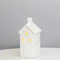 White ceramic house LED night light with embossed letter E and warm glowing windows - RH2255 (7x6.5x14.5cm/Letter E)