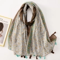 Floral cotton linen scarf with blue and orange prints and decorative fringe tassels - C1112 Vintage Art Floral Patchwork