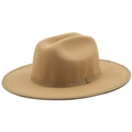 Classic tan wool fedora hat with wide brim and matching ribbon trim for men and women - M(56-58cm) / Camel