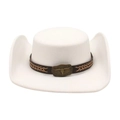 White felt cowboy hat featuring a brown braided leather band and vintage bull head buckle - White (Bronze Bull Head) / One Size