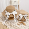 Detail of straw hat with polka dot ribbon and matching straw bag on lace cloth - Khaki Set