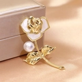 Elegant gold rose flower brooch with white enamel petals and a round pearl accent - White Rose Pearl Gold