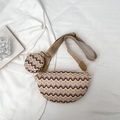 Gebreide crossbody set met golfpatroon maanentas en kleine ronde portemonnee in beige - Golvend Khaki Kleur
