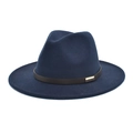 Detail of navy wool fedora hat featuring a brown leather strap and gold metal buckle - Navy Blue