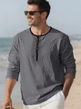 Detail of grey cotton linen beach shirt showing textured vertical pleats and button neckline - S / Gray