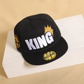 Detail of black kids hip hop cap featuring 3D KING embroidery and a gold crown motif - 48-54cm (2-8 Years) / Black