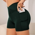 Women's dark green high-waisted yoga shorts with side pocket for workout and fitness - S / Dark Green