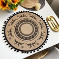 Round jute placemat with black pompom fringe featuring reindeer Christmas prints - Style 3 Black (Pom-poms)