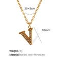 Elegant gold titanium steel necklace featuring a letter V pendant with sparkling rhinestones - Letter V