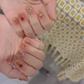 Pink translucent press-on nails with rose motifs, gold accents and tiny gemstones - HY296 Pink Clear Rose Gem