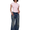 Slim fit modal pink short sleeve T-shirt paired with high-waisted denim jeans - Pink