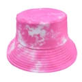 Detail showing multi-row reinforced stitching on tie-dye bucket hat brim in pink and white - Tie-dye Rose Red