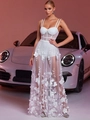 Sexy white mesh party dress featuring floral appliques and a sheer floor-length skirt - White