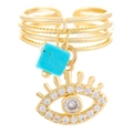 Anello dorato multistrato di lusso con pietra turchese e ciondolo occhio in zirconia - Stile Occhio (N-888) / Oro