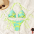 Lace-up tie-dye bikini set in yellow green and blue with sunglasses and straw hat - S / Yellow Green Tie-dye