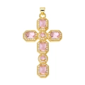 Gold cross pendant featuring pink rectangular gems and clear pavé crystals on white background - Pendant 100 (Gold Pink Stone Luxury Cross V2)