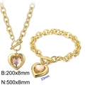 Pink crystal heart pendant jewelry set with golden toggle clasp necklace and bracelet - Gold 2-Piece Set - Champagne Gem (KS197638-Z)
