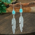 Bohemian silver drop earrings with turquoise beads and delicate feather charms - Teardrop Feather Dangle (HQEF-0587)