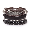 Vintage multilayer leather bracelet set featuring a silver feather charm and metal beads - L13-Brown Feather Rivet Beaded Set